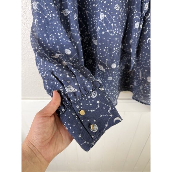 Anthropology Top Sz XL Blue Organza Tie Neck Space Blouse Sheer Astrology Career - Picture 5 of 10